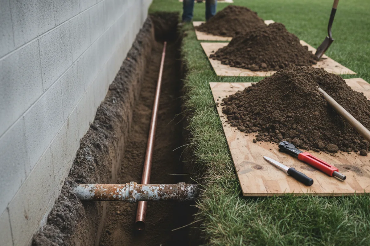Excavated water line trench during Water Heater Repair in Cardinal